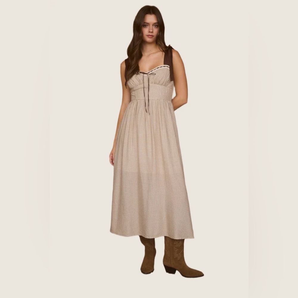 T.J.Maxx Cream and Brown Gingham Maxi Dress with Tie Straps